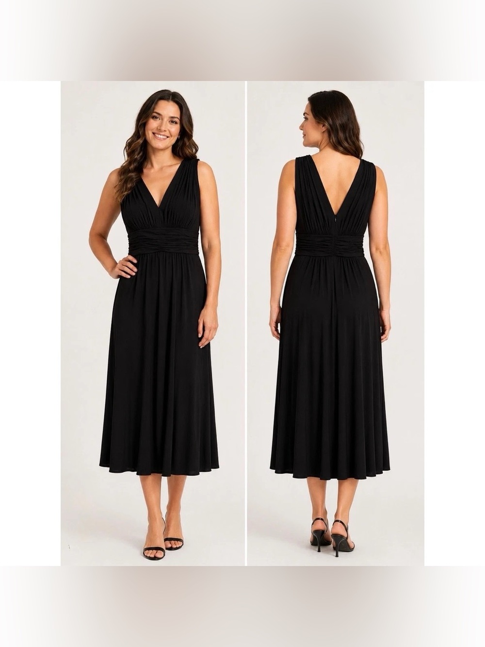 Suzi Chin For Maggy Boutique Silk Deep V Ruched Empire Pleated LBD Women 8 Black